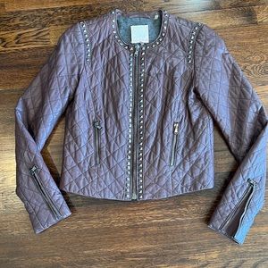 Rebecca Taylor burgundy leather quilted jacket with gun metal studs and  zips XS